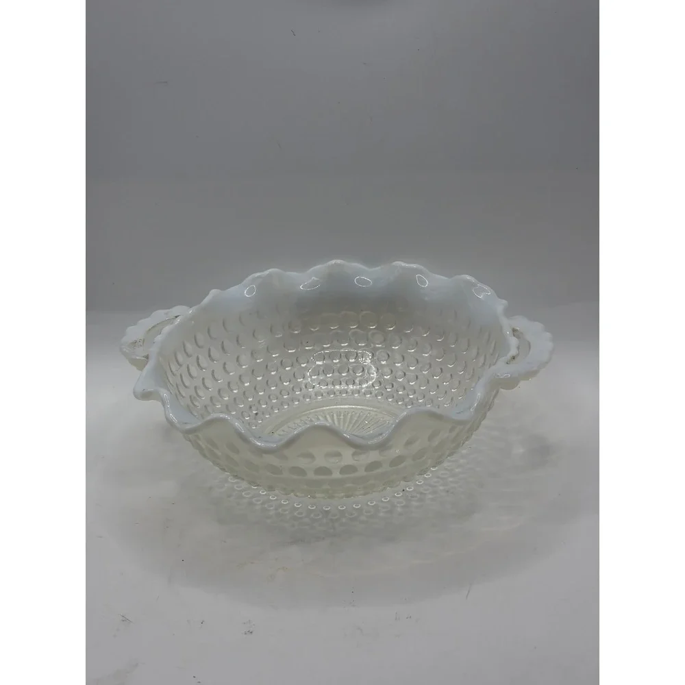 White Opalescent Hobnail Ruffled Double Handled Candy Dish Nappy Bowl